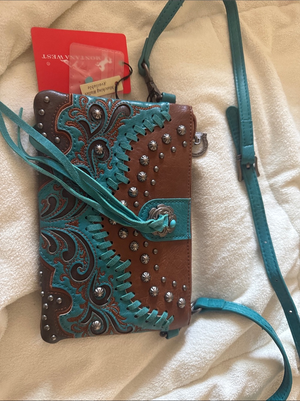Montana West Turquoise & Brown Western Tooled Crossbody Purse